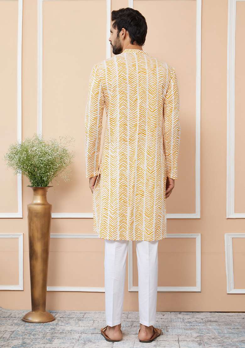 Yellow Printed Cotton Kurta Set For Men - Indya