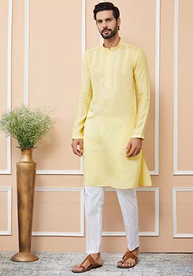 Yellow Embroidered Kurta Set For Men