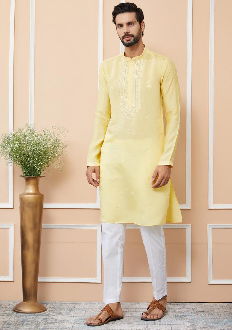 Yellow Embroidered Kurta Set For Men