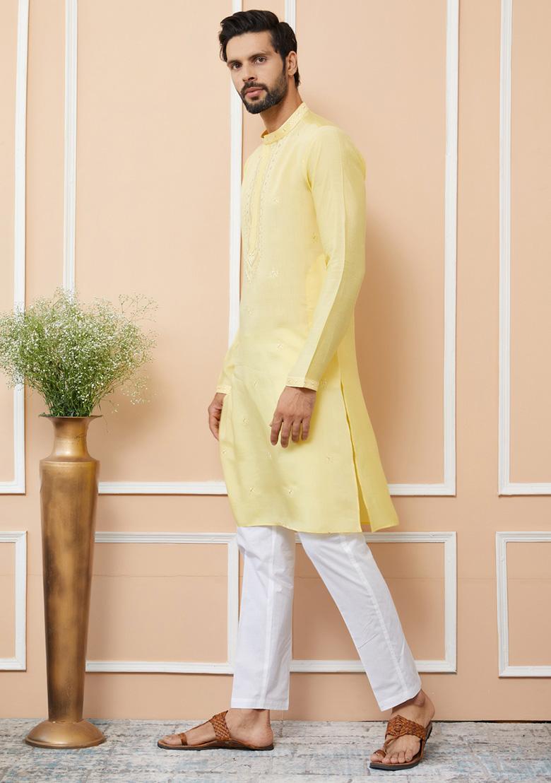 Yellow Embroidered Kurta Set For Men