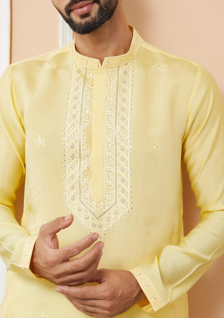 Yellow Embroidered Kurta Set For Men