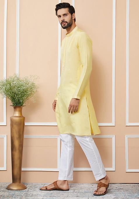 Yellow Embroidered Kurta Set For Men