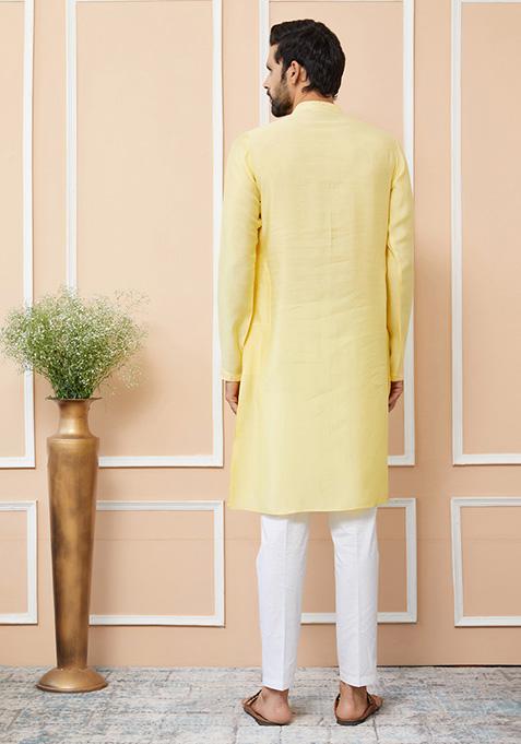 Yellow Embroidered Kurta Set For Men