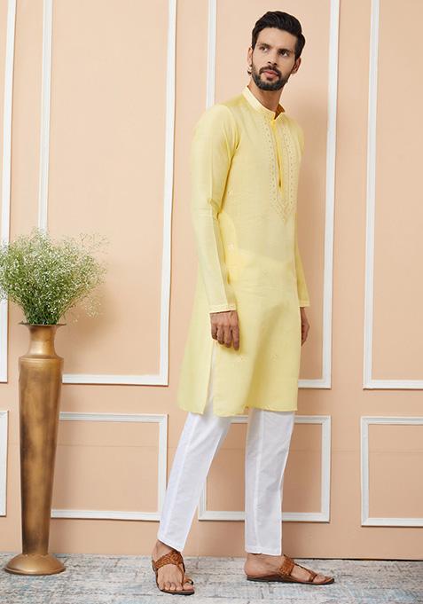 Yellow Embroidered Kurta Set For Men
