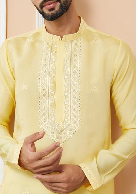Yellow Embroidered Kurta Set For Men