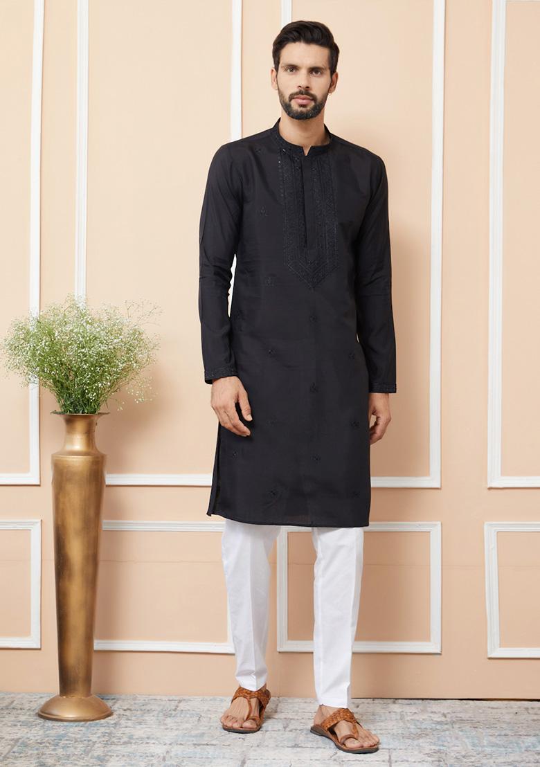 Black Embroidered Kurta Set For Men