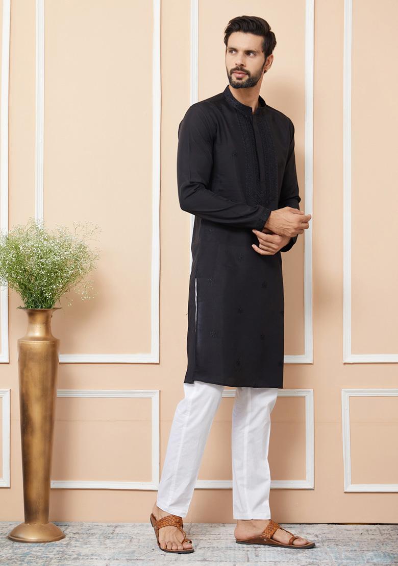 Black Embroidered Kurta Set For Men