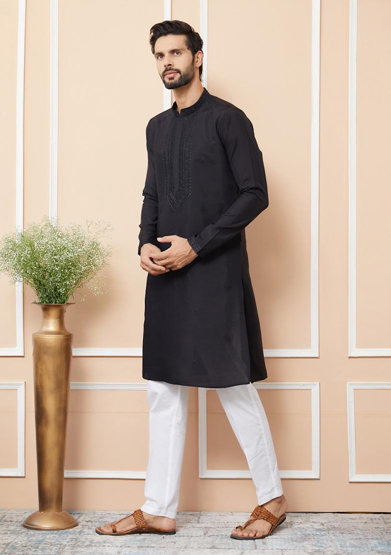 Black Embroidered Kurta Set For Men