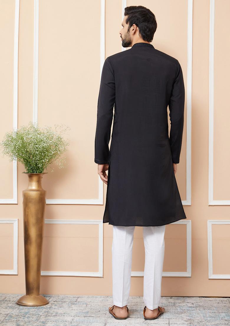 Black Embroidered Kurta Set For Men