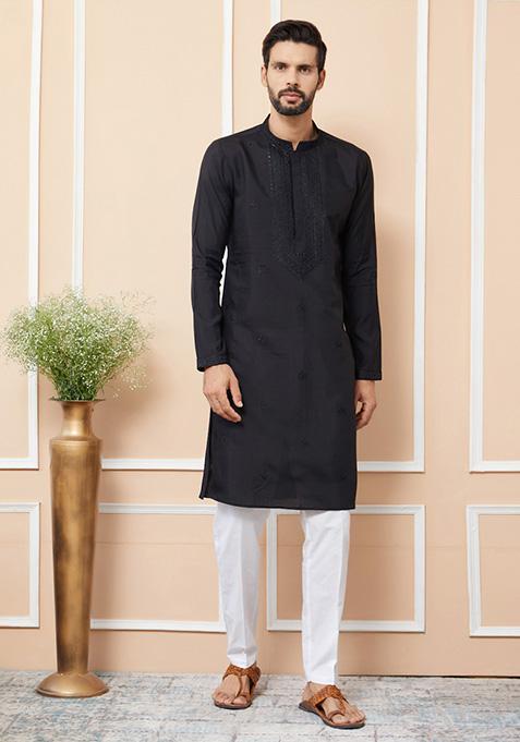 Black Embroidered Kurta Set For Men