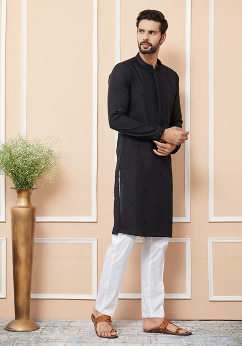 Black Embroidered Kurta Set For Men