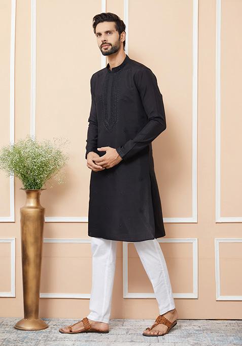 Black Embroidered Kurta Set For Men