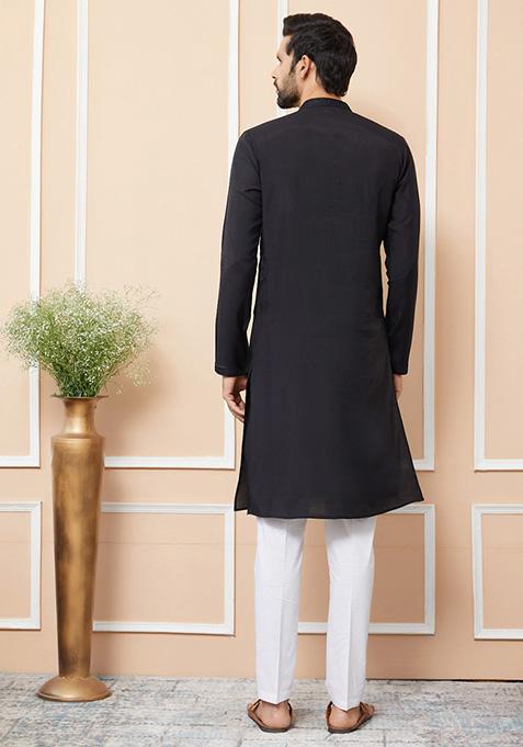 Black Embroidered Kurta Set For Men