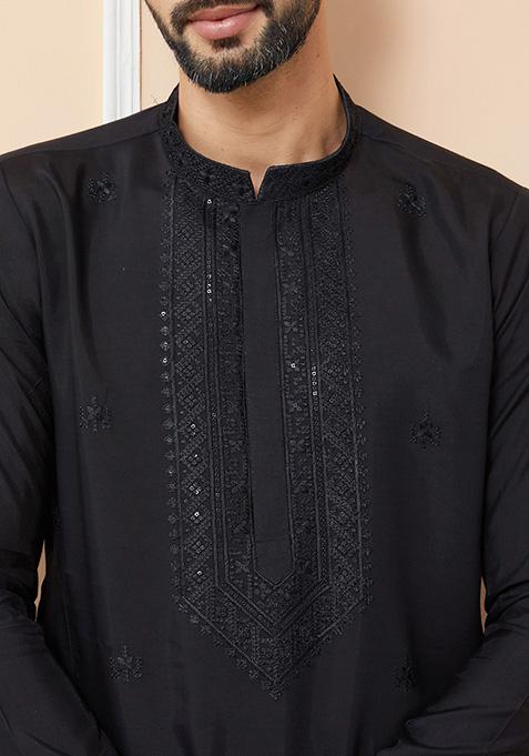 Black Embroidered Kurta Set For Men