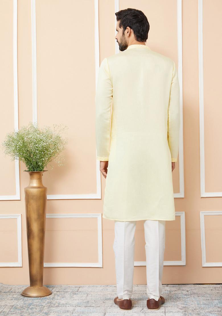 Yellow Embroidered Straight Kurta Set For Men