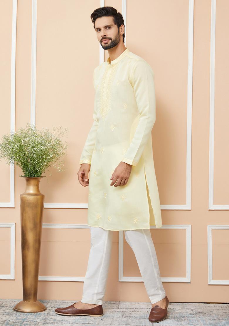 Yellow Embroidered Straight Kurta Set For Men