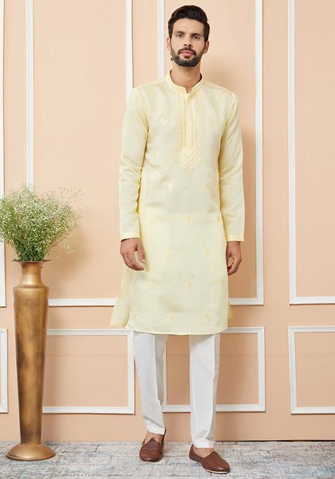 Yellow Embroidered Straight Kurta Set For Men