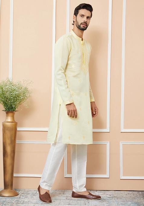 Yellow Embroidered Straight Kurta Set For Men