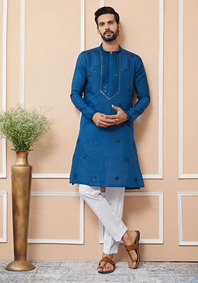 Dark Blue Embroidered Kurta Set For Men