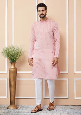 Pink Embroidered Kurta Set For Men