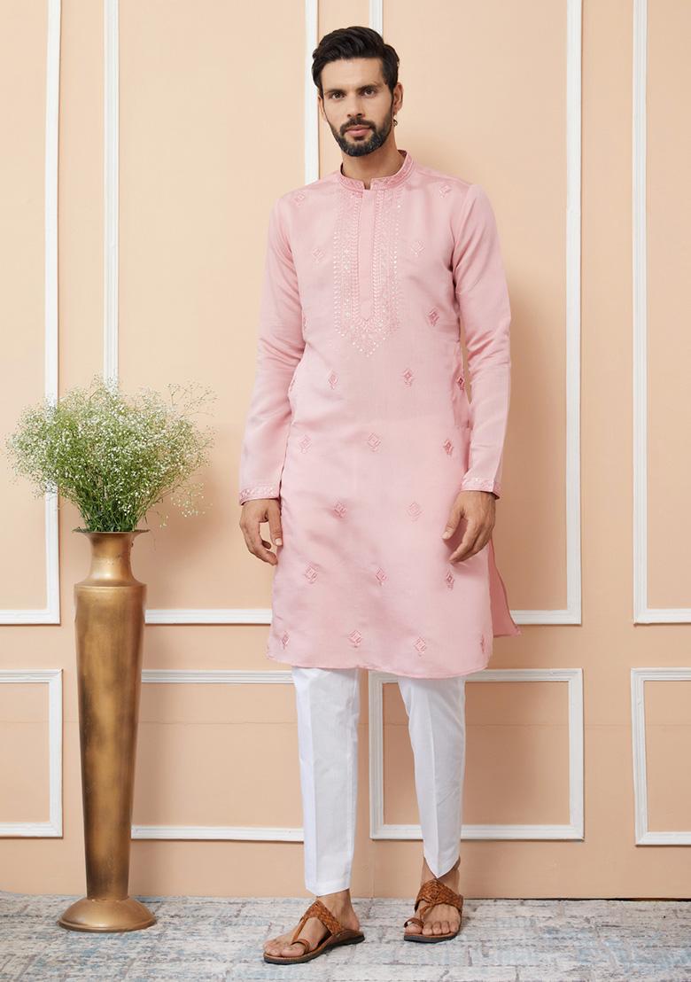 Pink Embroidered Kurta Set For Men