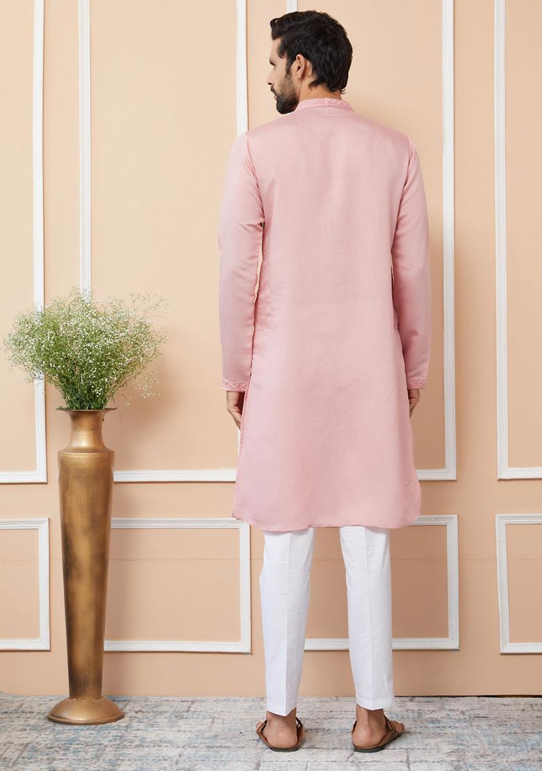 Pink Embroidered Kurta Set For Men