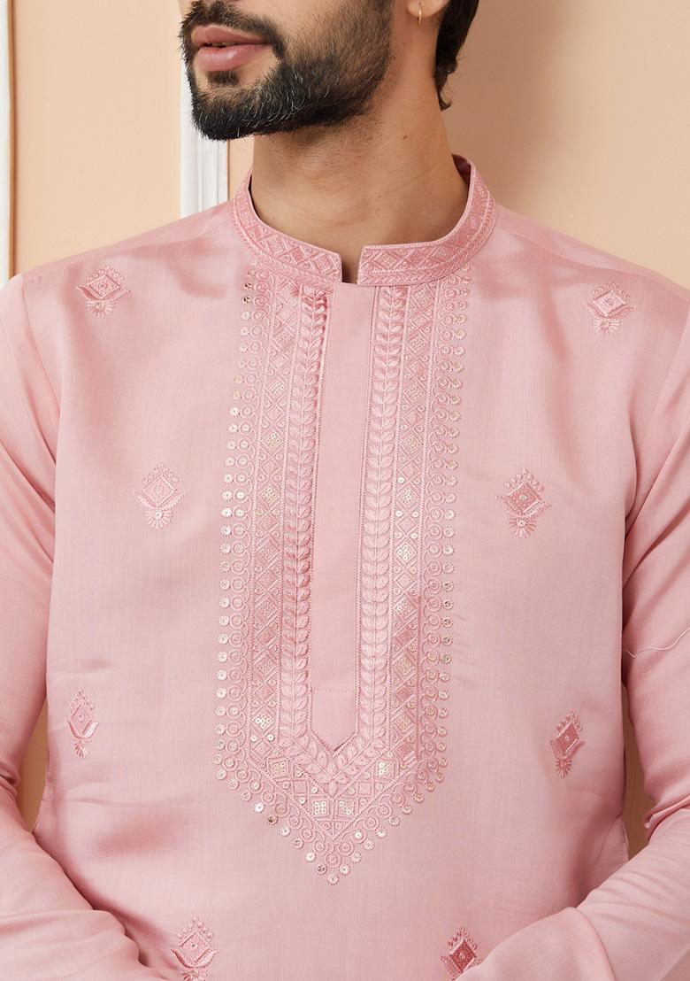 Pink Embroidered Kurta Set For Men