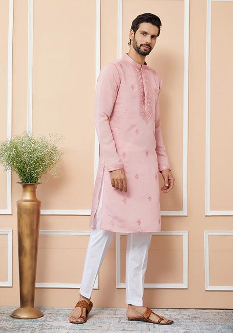 Pink Embroidered Kurta Set For Men