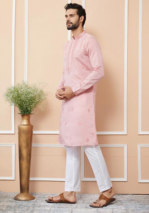 Pink Embroidered Kurta Set For Men