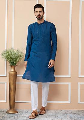 Navy Blue Embroidered Kurta Set For Men