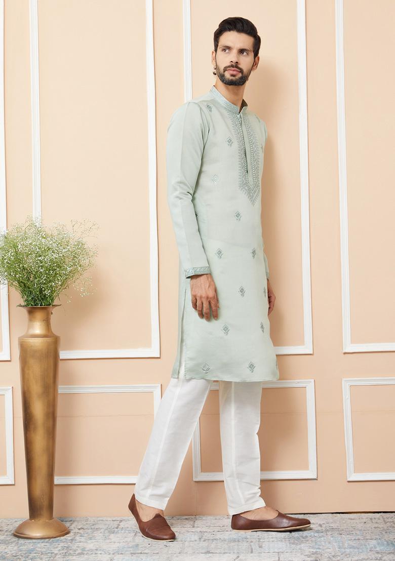Pastel Green Embroidered Kurta Set For Men