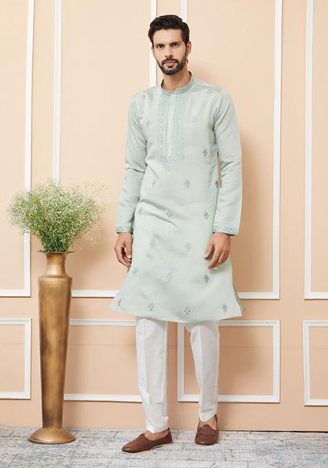 Pastel Green Embroidered Kurta Set For Men