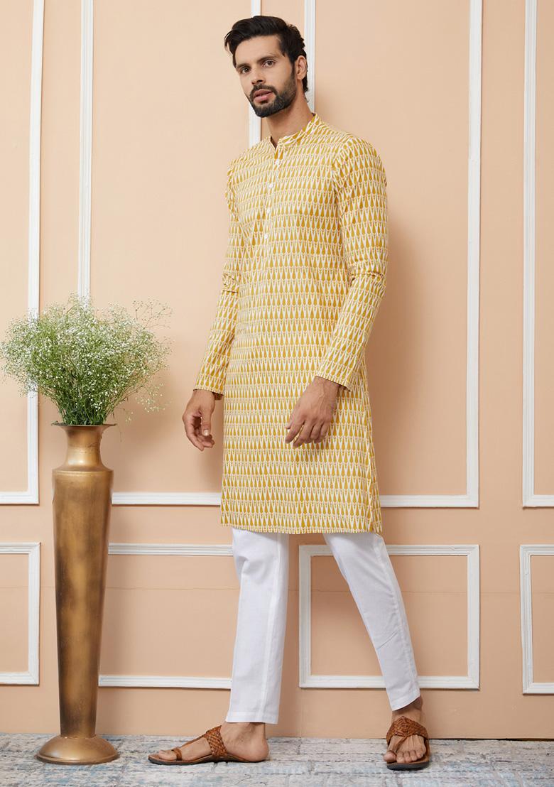 Yellow Printed Cotton Straight Kurta Set For Men