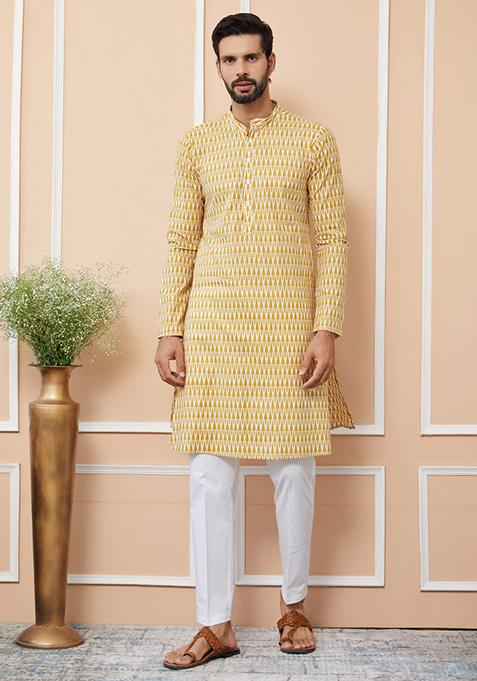 Yellow Printed Cotton Straight Kurta Set For Men