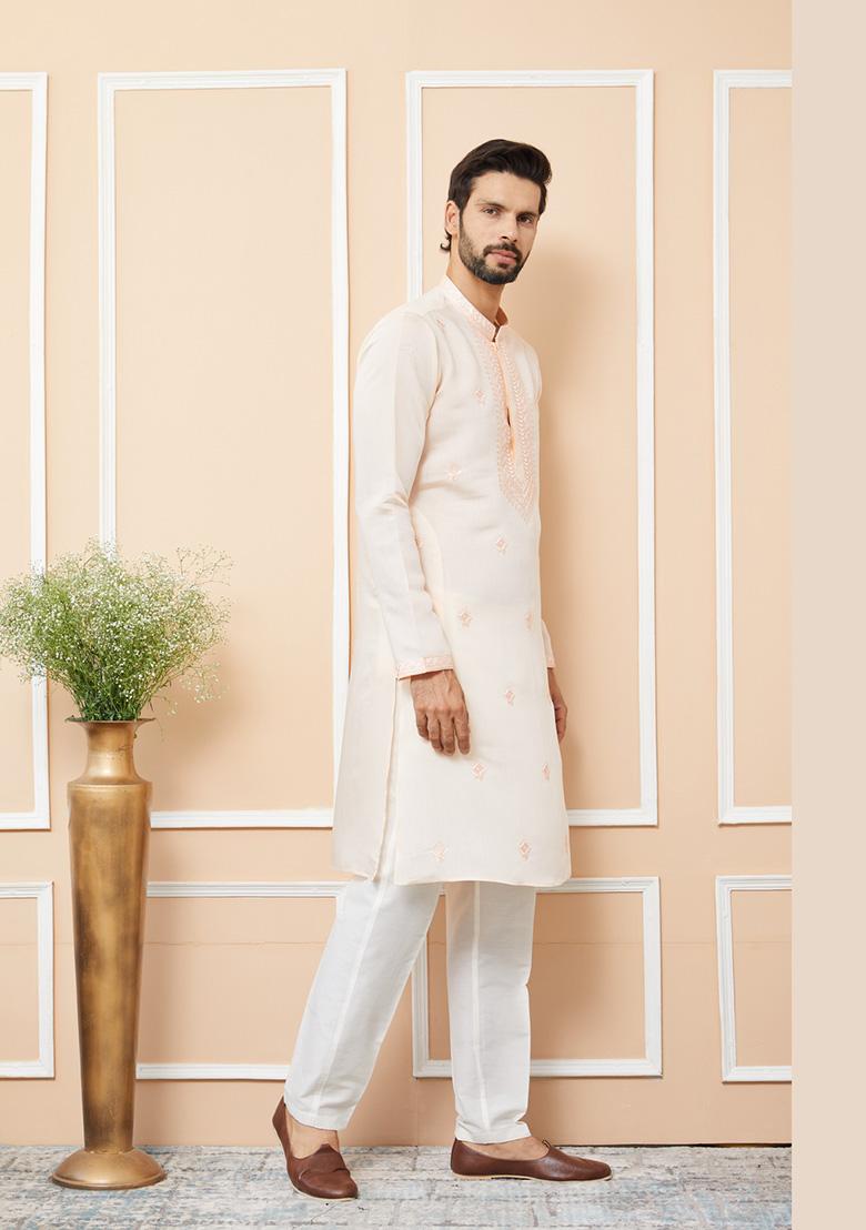 Peach Embroidered Straight Kurta Set For Men