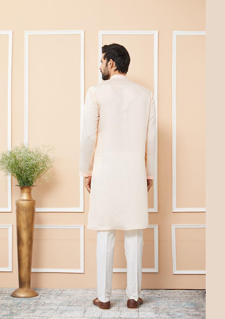 Peach Embroidered Straight Kurta Set For Men - Indya