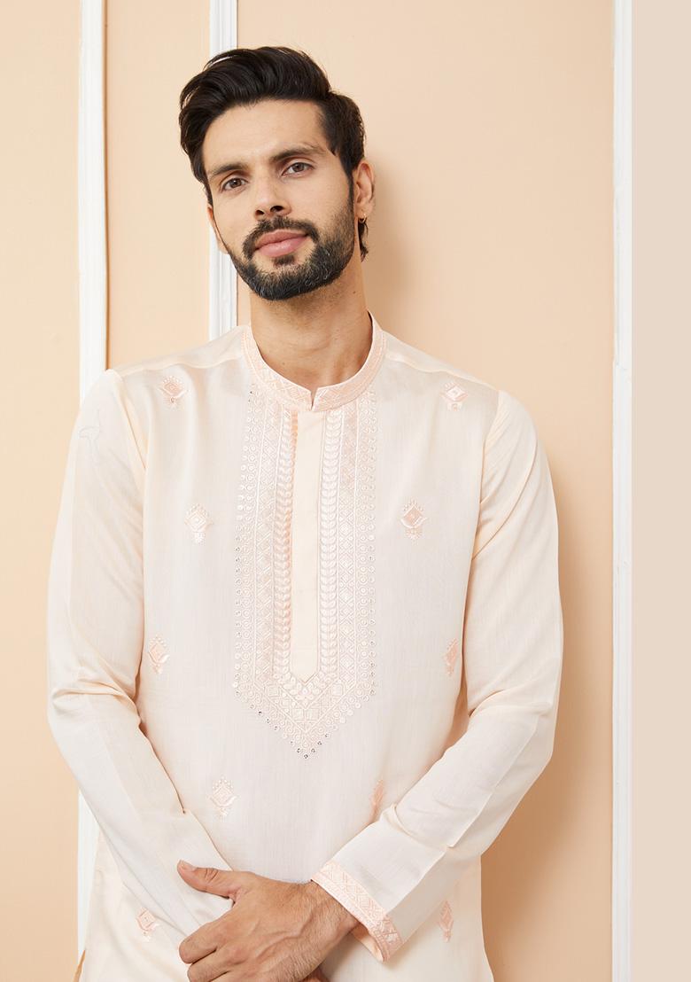 Peach Embroidered Straight Kurta Set For Men