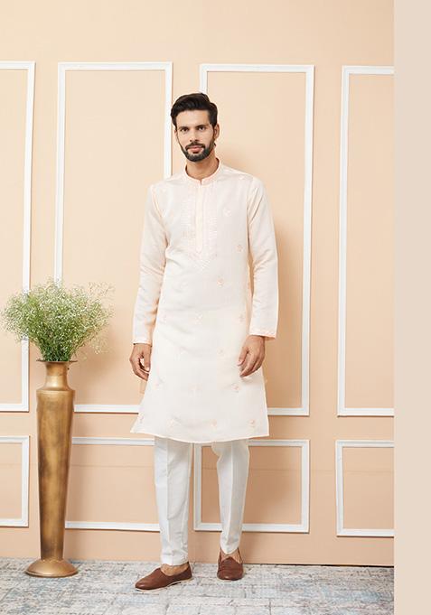 Peach Embroidered Straight Kurta Set For Men