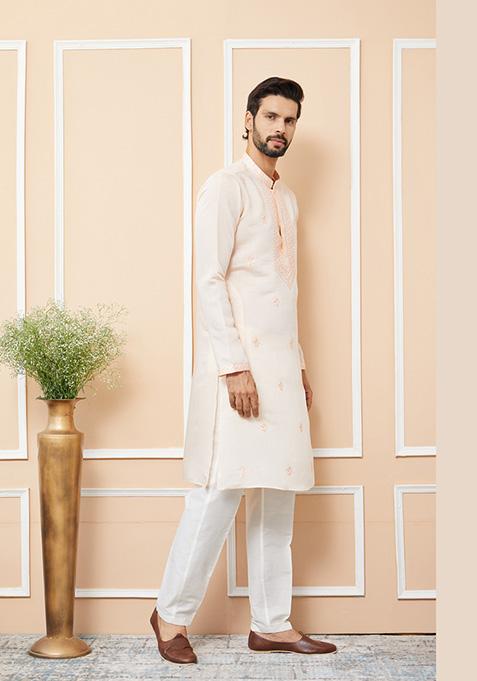 Peach Embroidered Straight Kurta Set For Men