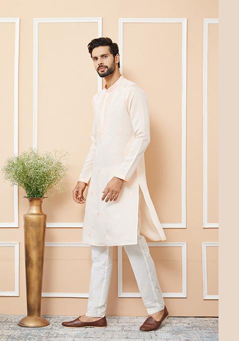 Peach Embroidered Straight Kurta Set For Men