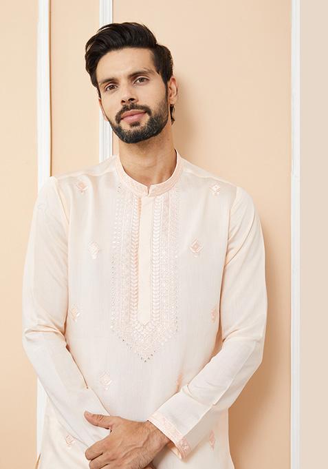 Peach Embroidered Straight Kurta Set For Men