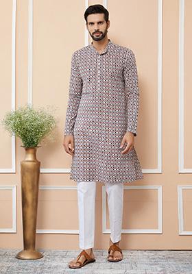 Beige Printed Straight Kurta Set For Men