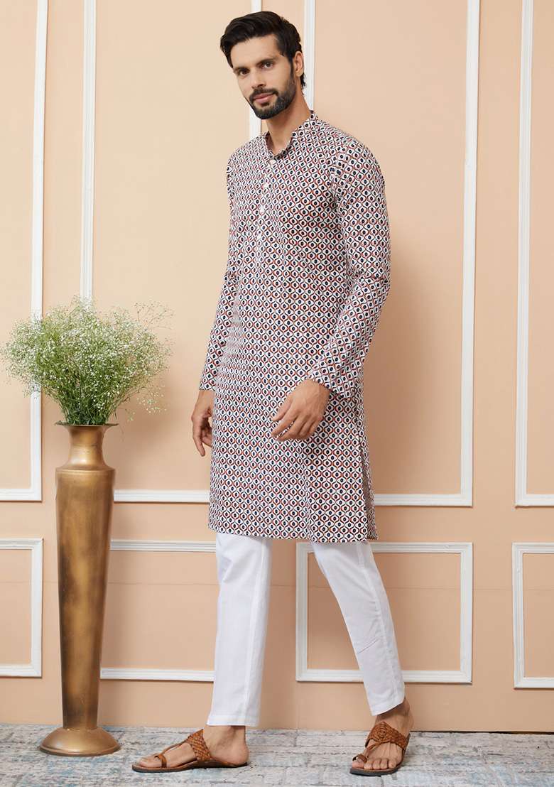 Beige Printed Straight Kurta Set For Men - Indya