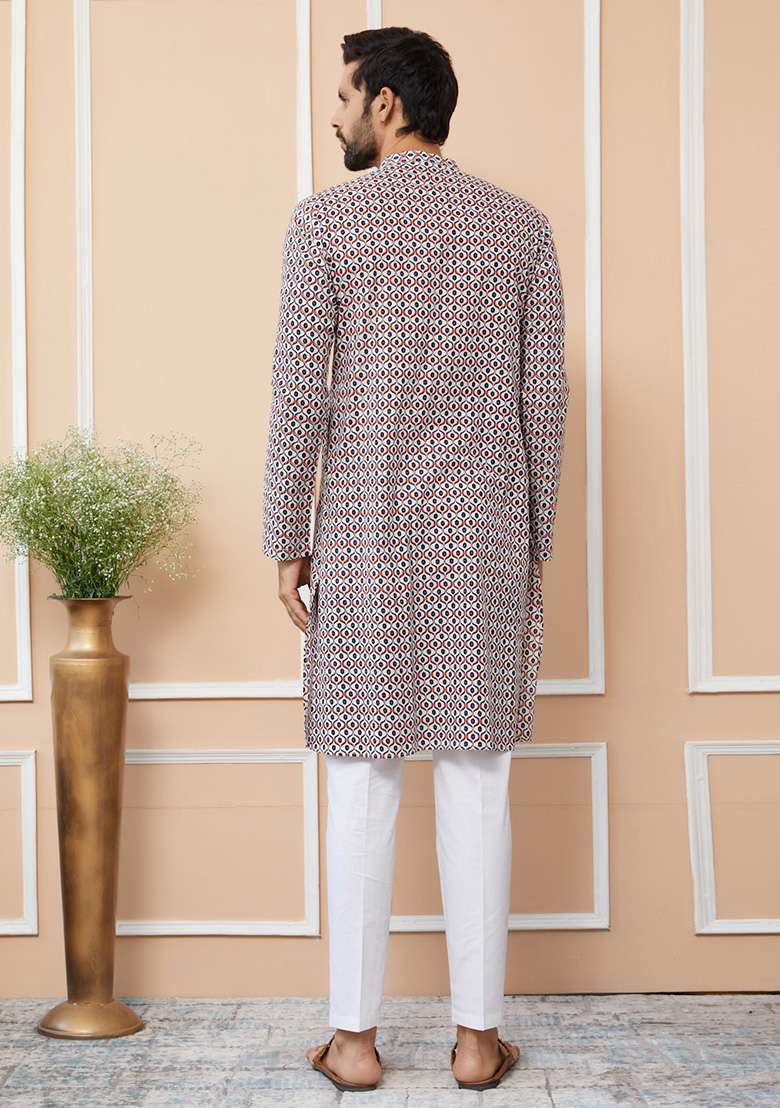 Beige Printed Straight Kurta Set For Men - Indya