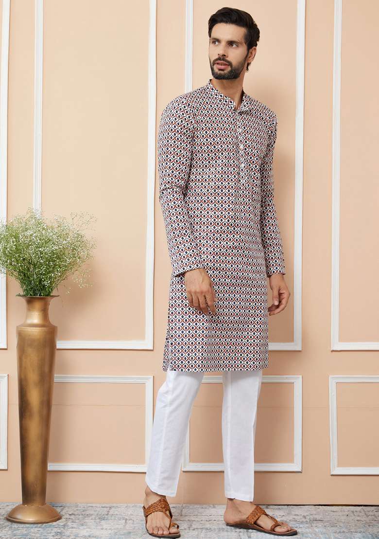 Beige Printed Straight Kurta Set For Men - Indya