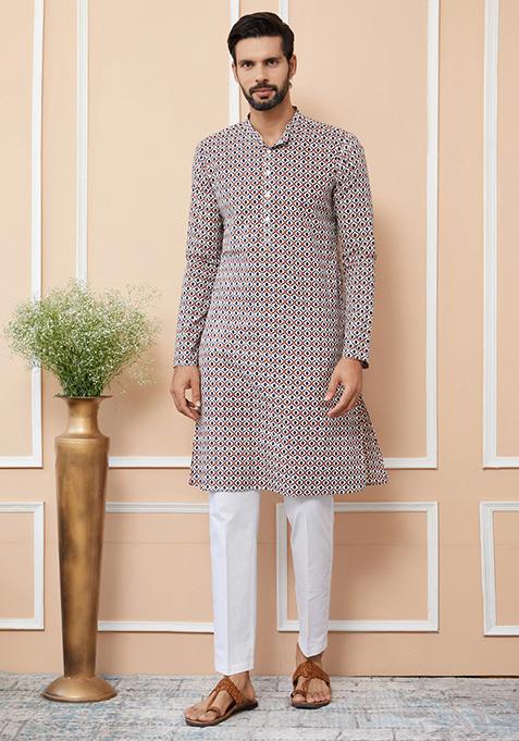 Beige Printed Straight Kurta Set For Men — view on Indya