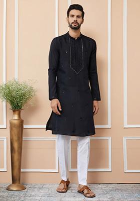 Black Printed Straight Kurta Set For Men