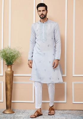 Pastel Blue Embroidered Kurta Set For Men