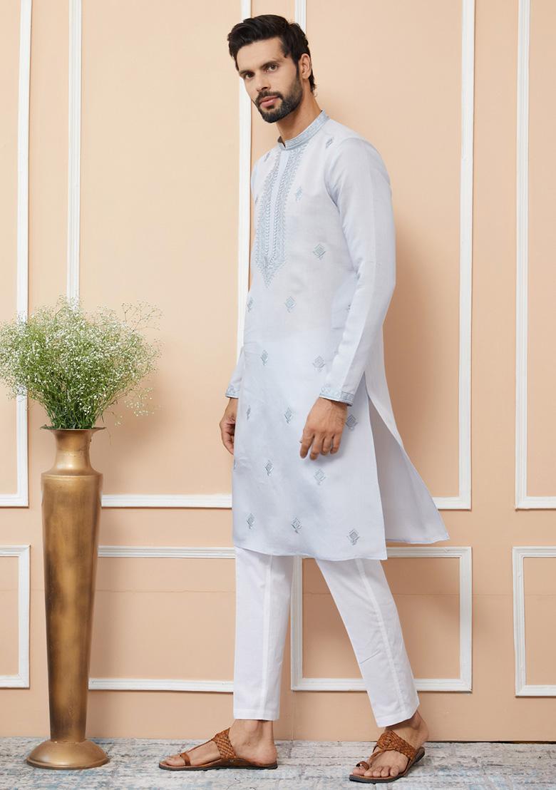 Pastel Blue Embroidered Kurta Set For Men