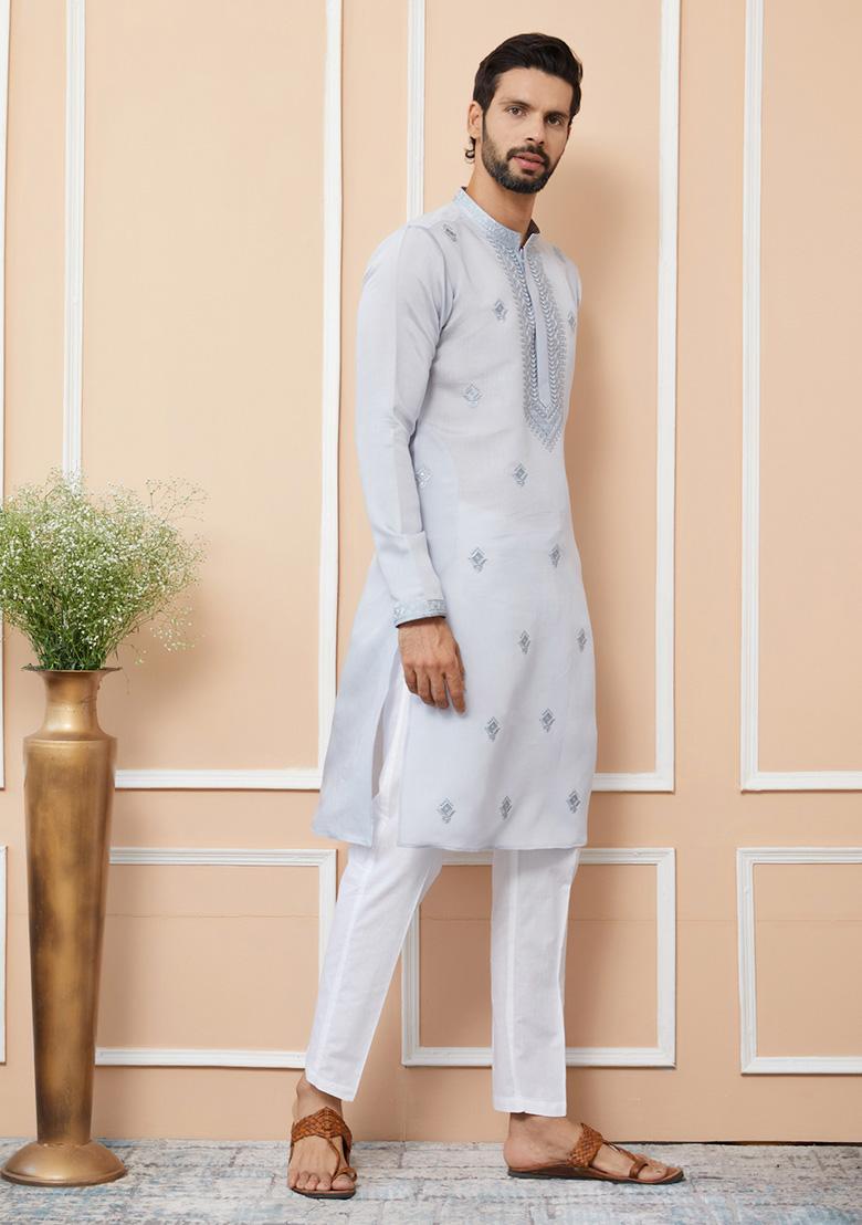 Pastel Blue Embroidered Kurta Set For Men